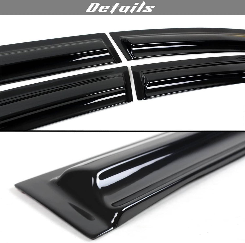 Close-up of glossy black window visor rain guard with molded channels