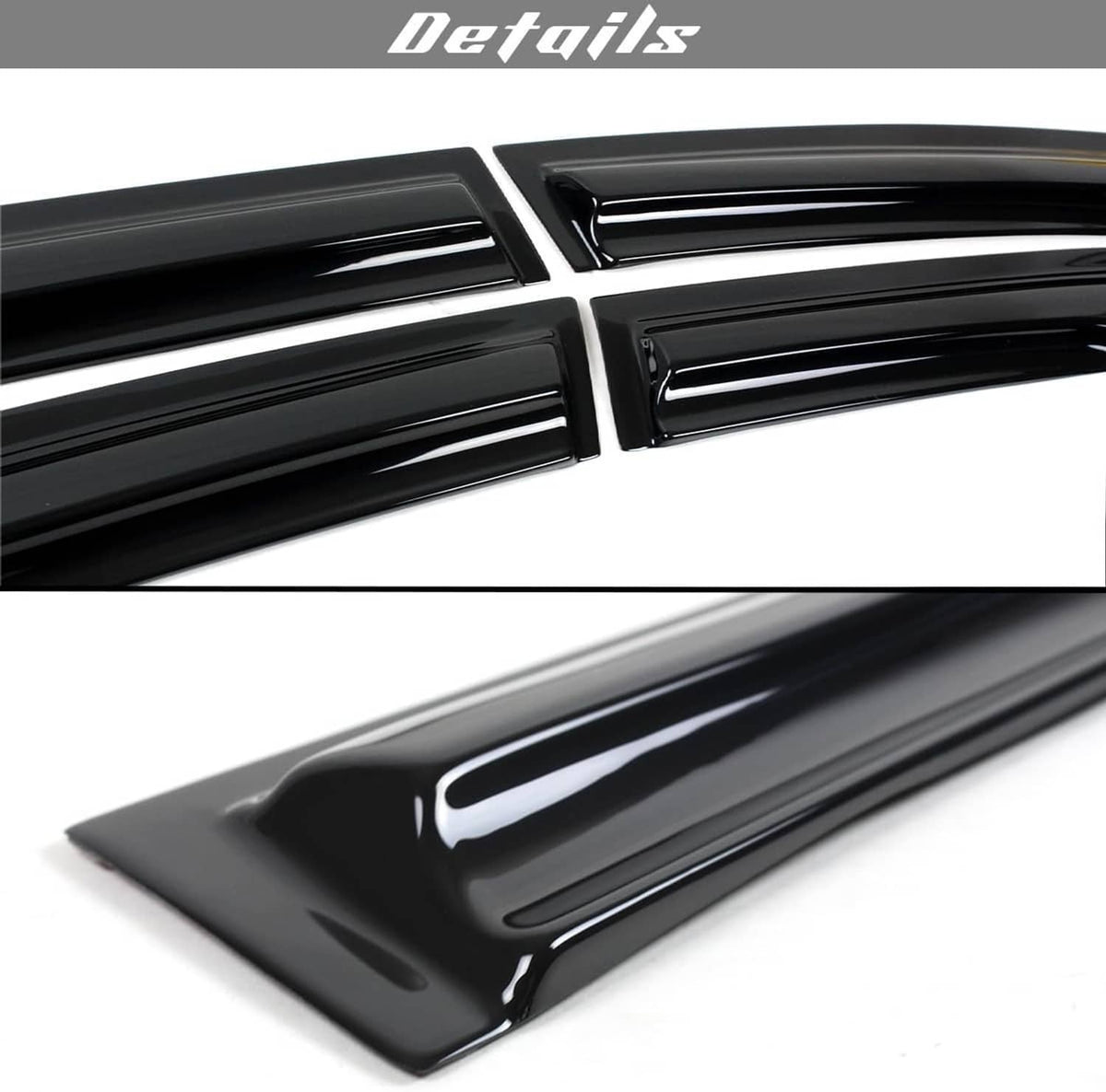 Close-up of glossy black window visor rain guard with molded channels