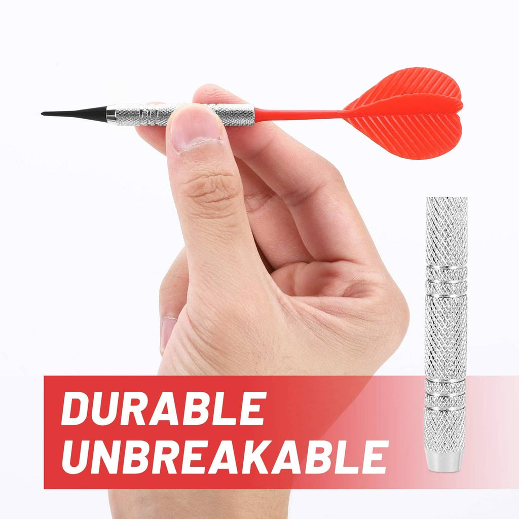Red soft tip dart held in hand with textured silver barrel and orange flight