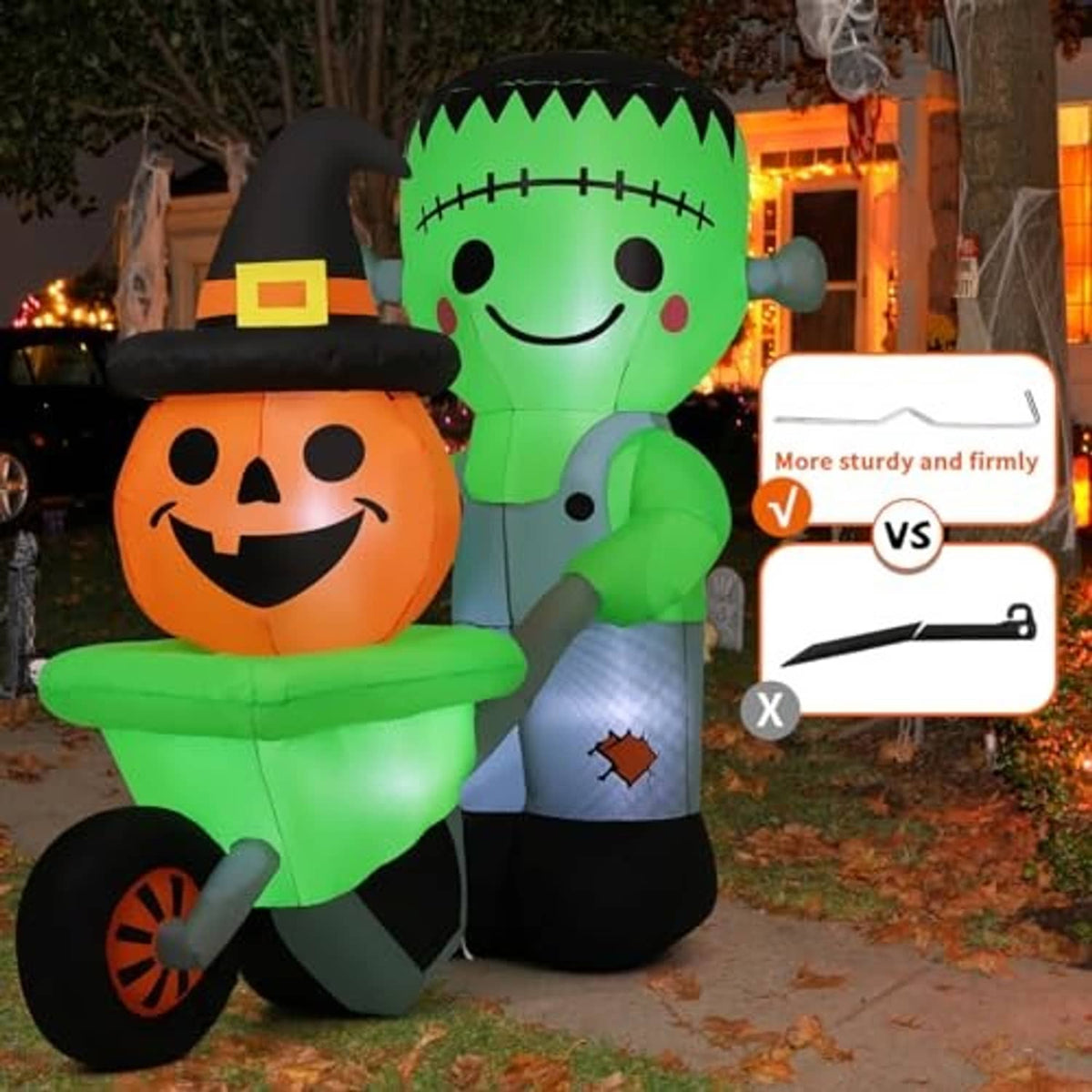 Green Frankenstein and orange pumpkin inflatable pair with curved wheel, Halloween yard decoration
