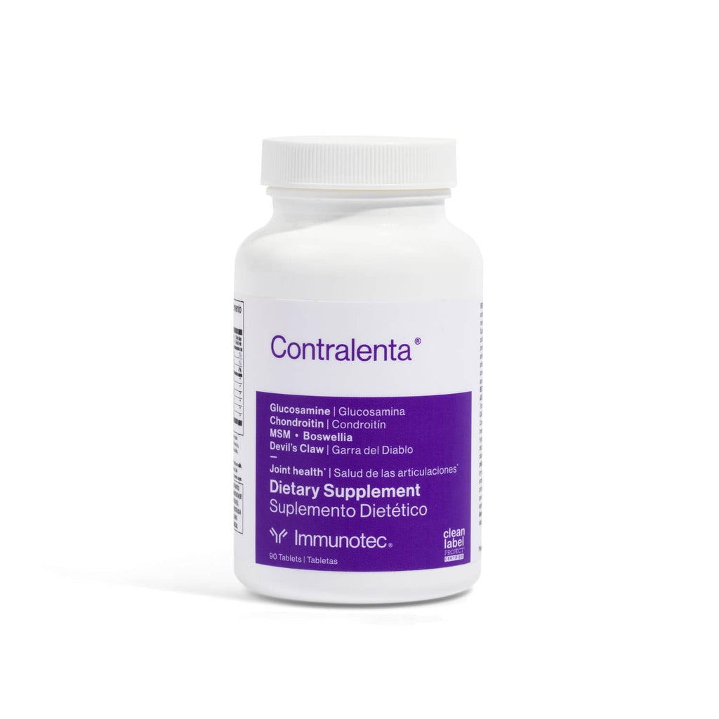 White-capped dietary supplement bottle with Contralenta label