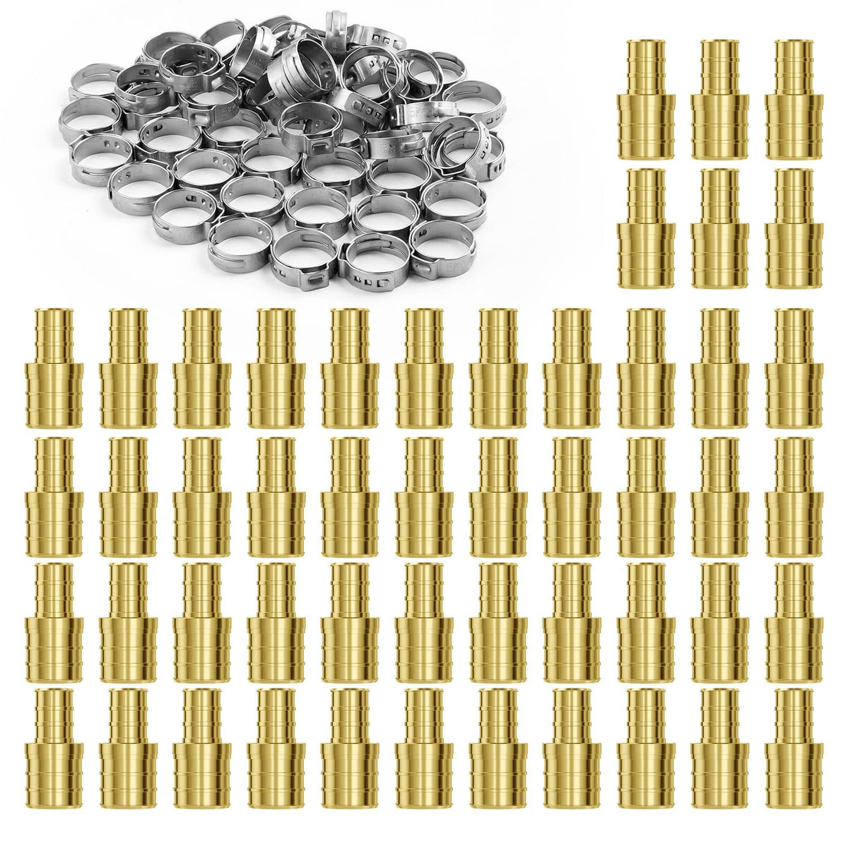 Assorted brass clamp-style tube fittings and silver clamp rings