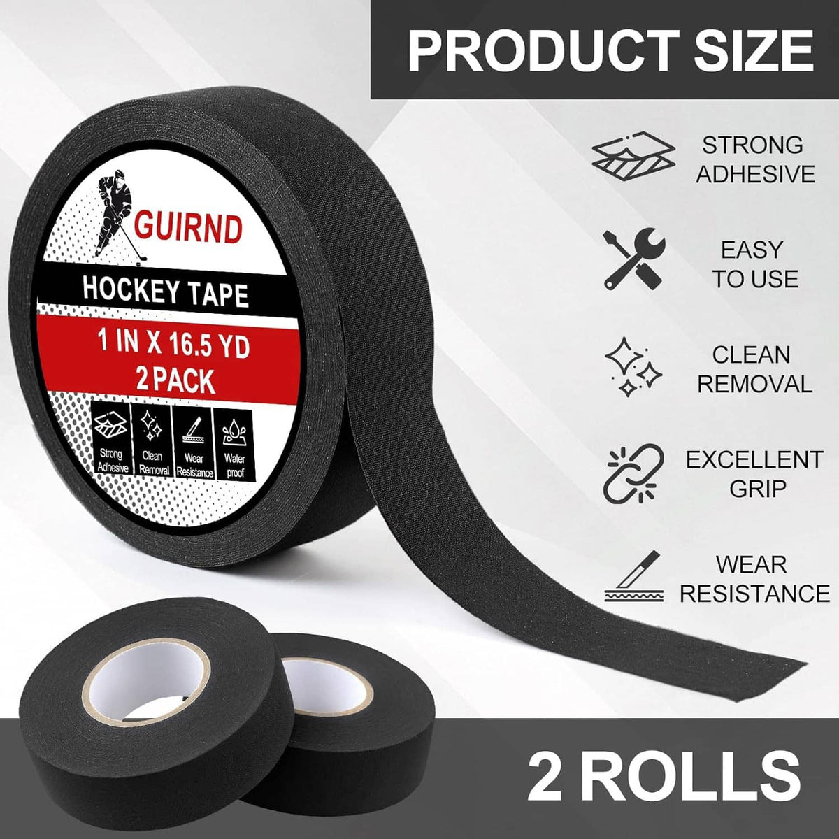 Two rolls of black hockey tape with strong adhesive, 1 inch x 16.5 yd size