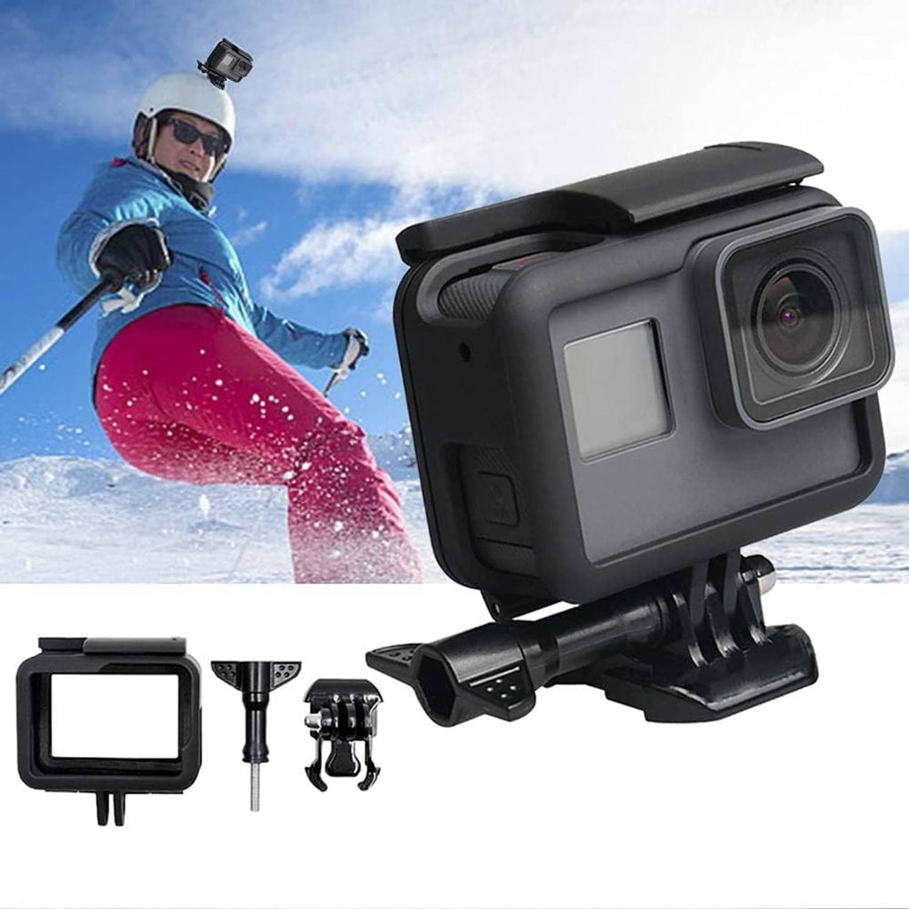 Black action camera in protective frame housing on adjustable base mount