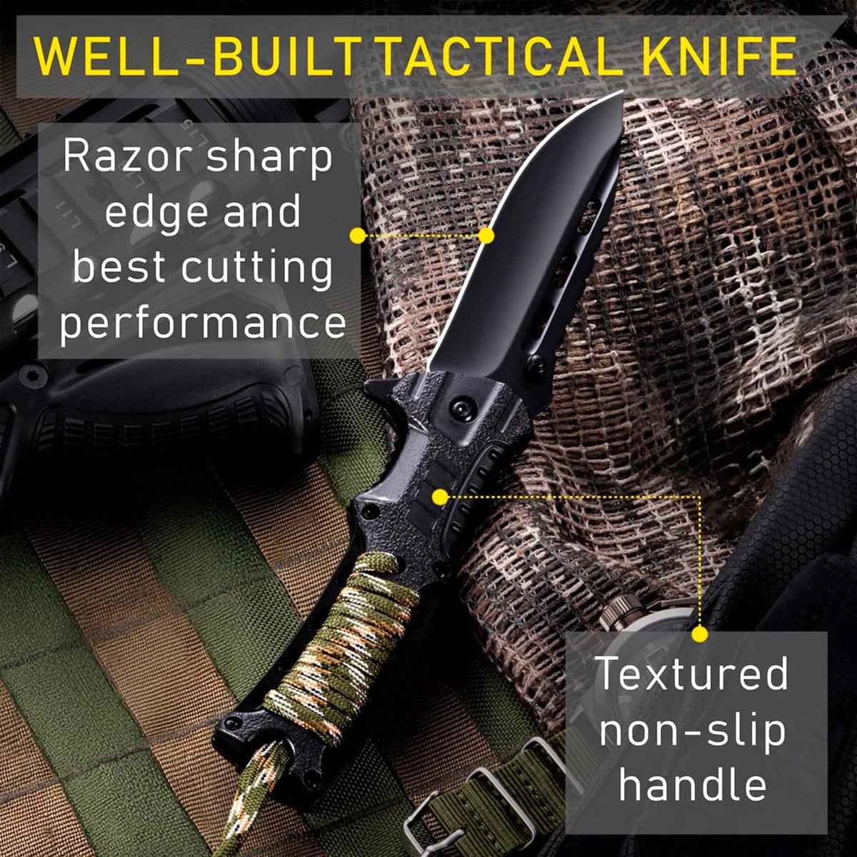 Black tactical folding knife with textured non-slip grip and paracord-wrapped handle