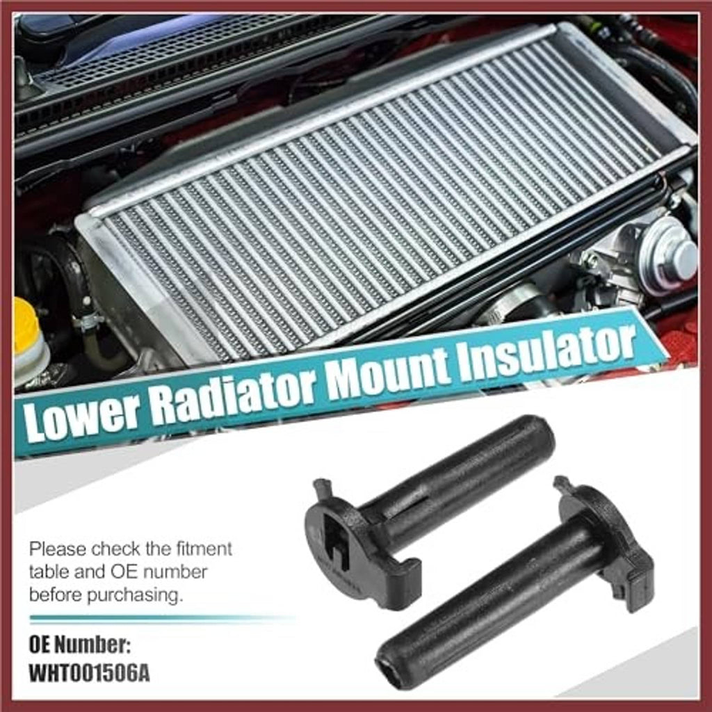 Two black radiator mount insulators, rubber bushings with side clips