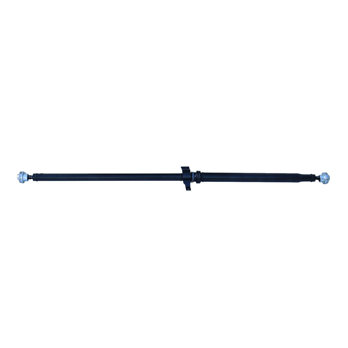 Rear driveshaft prop shaft assembly, straight view with metal end fittings and mount bracket
