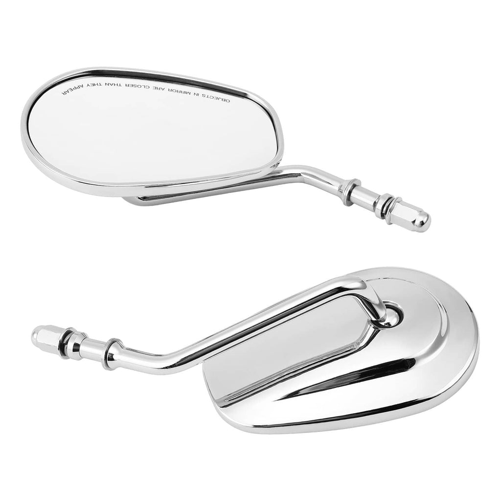 Chrome oval rearview mirrors with long curved arms and included mounting bolts