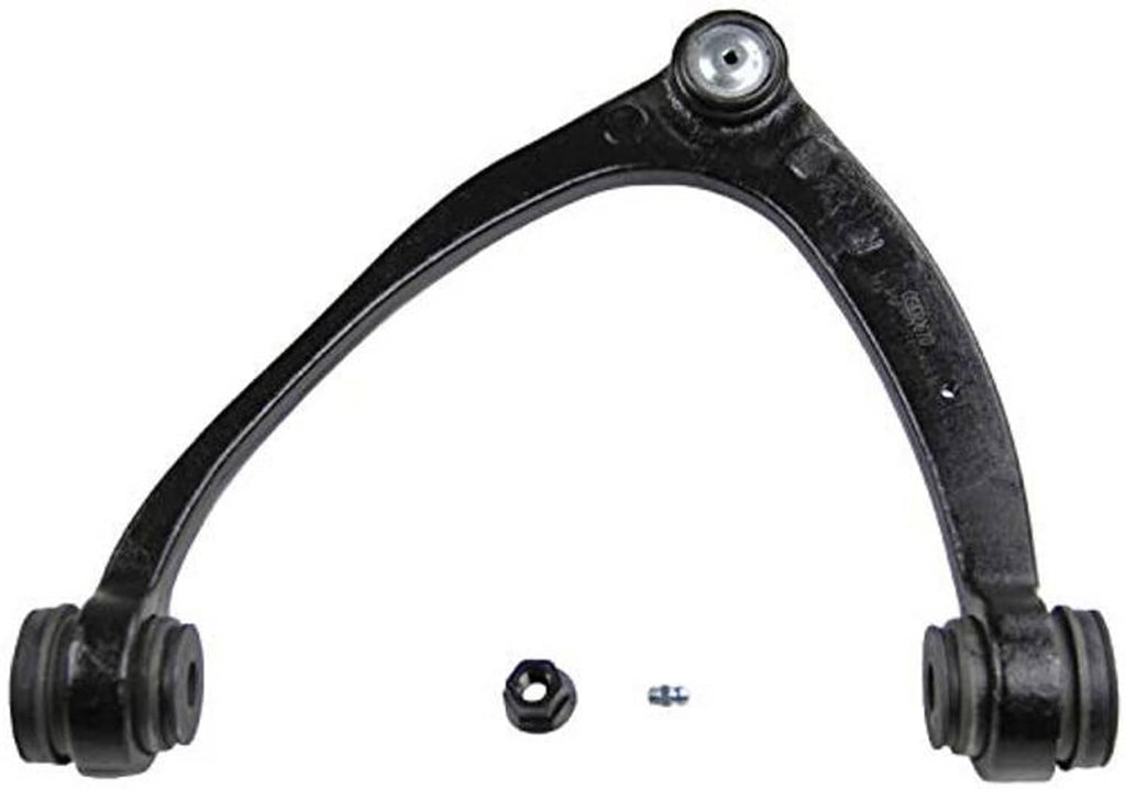 Front right upper suspension control arm and ball joint assembly, black curved arm and mounts