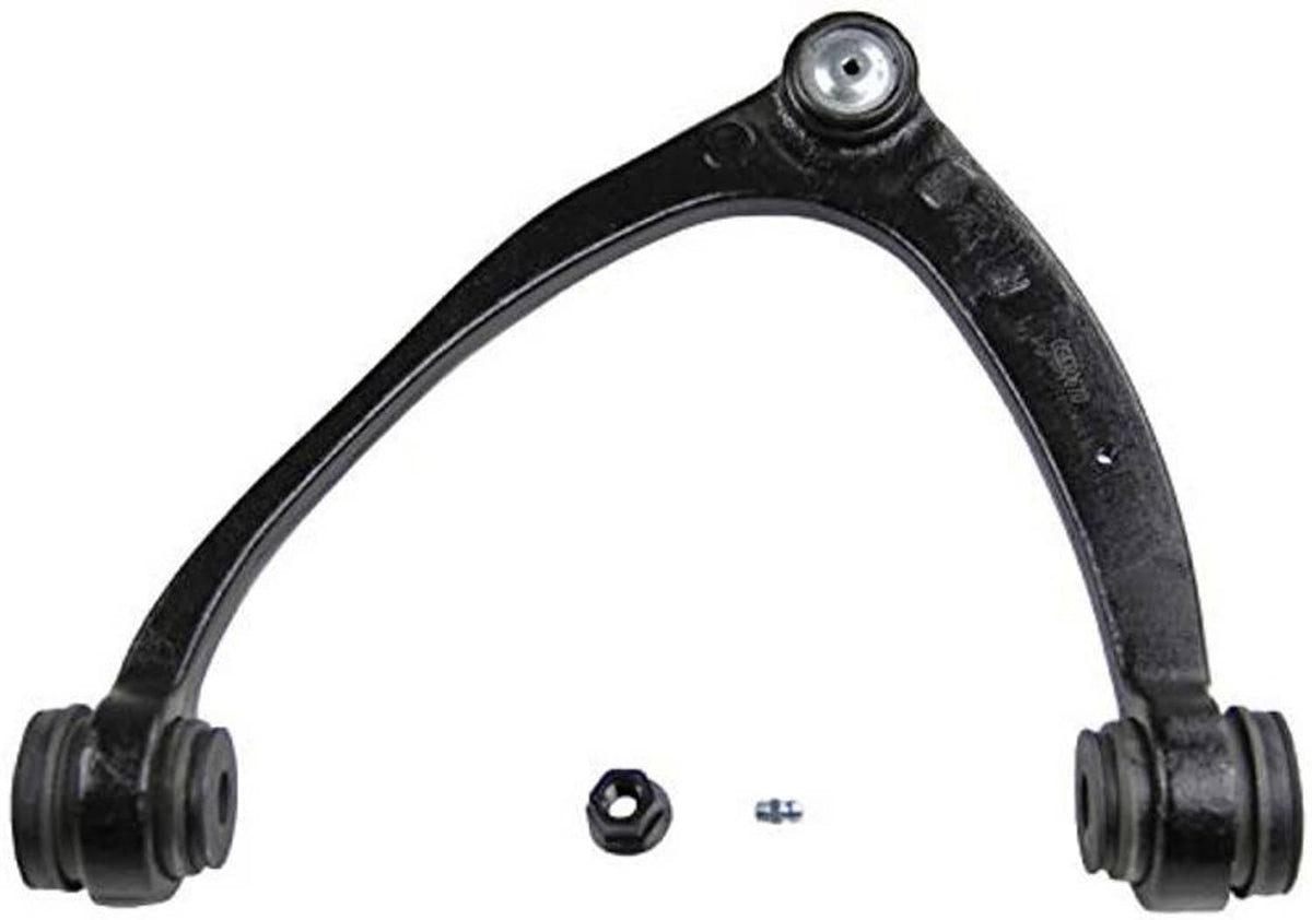 Front right upper suspension control arm and ball joint assembly, black curved arm and mounts