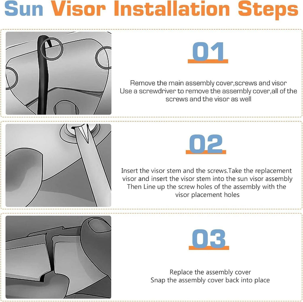 Gray sun visor installation steps showing cover removal, insert, and snap-back process