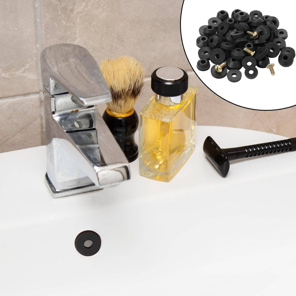 Black rubber faucet washer on sink with inset view of washers and brass screws
