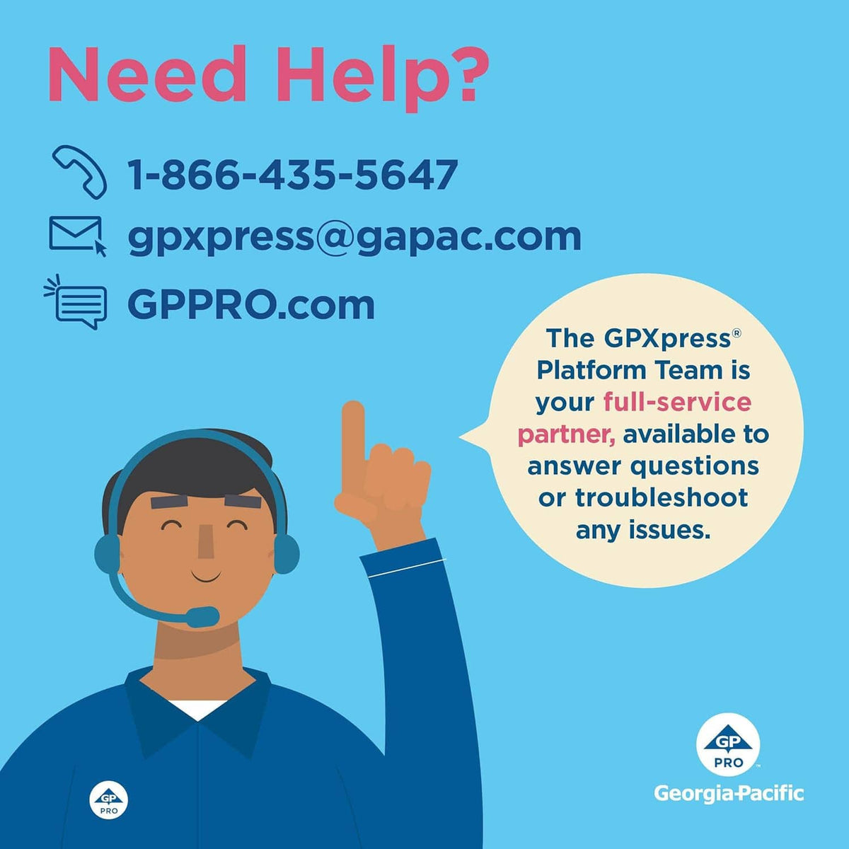 Customer support help graphic with phone, email, and GP PRO badge