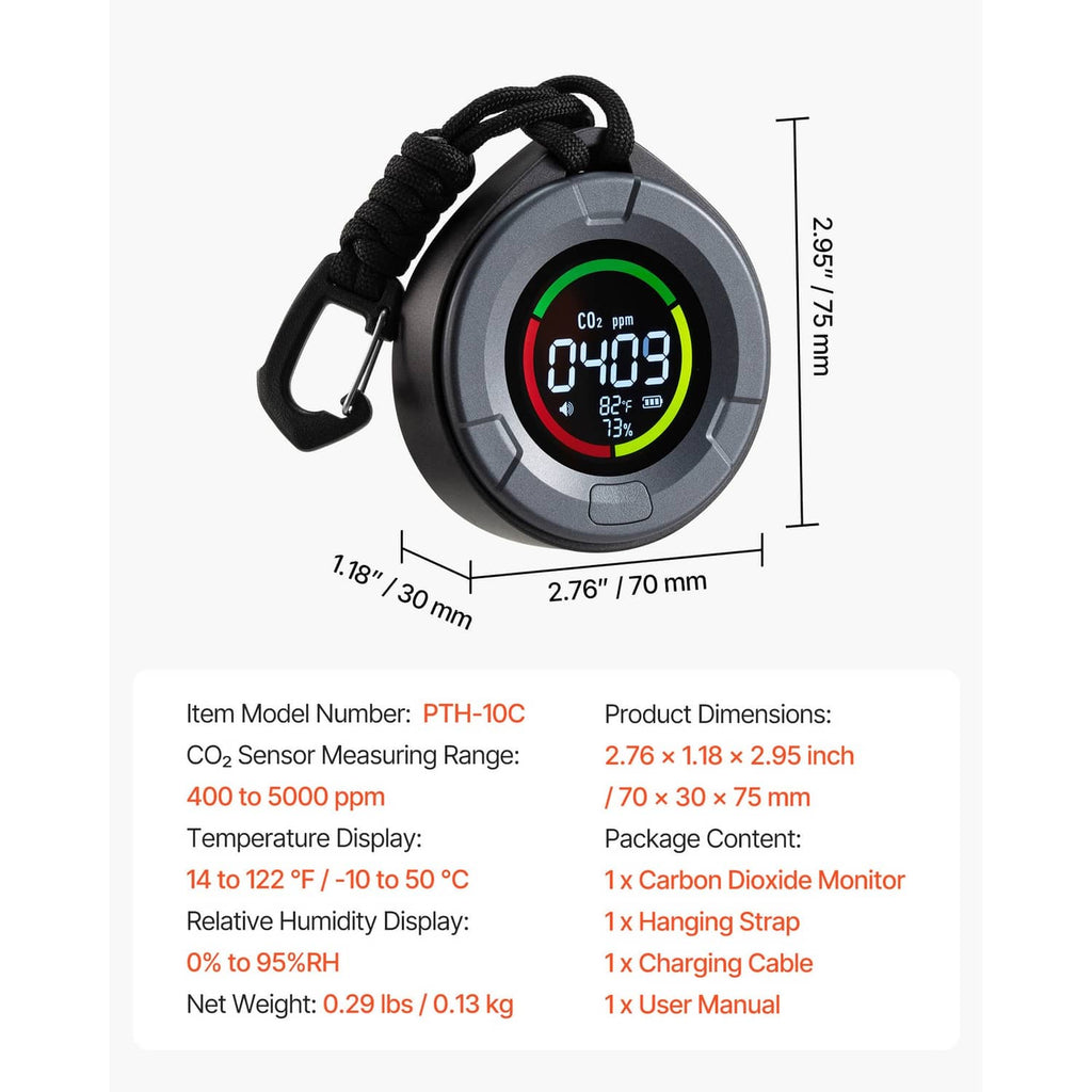 Carbon dioxide monitor and controller with hanging strap, CO2 ppm display, and size labels
