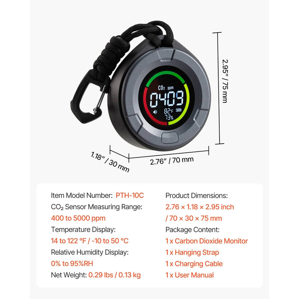 Carbon dioxide monitor and controller with hanging strap, CO2 ppm display, and size labels