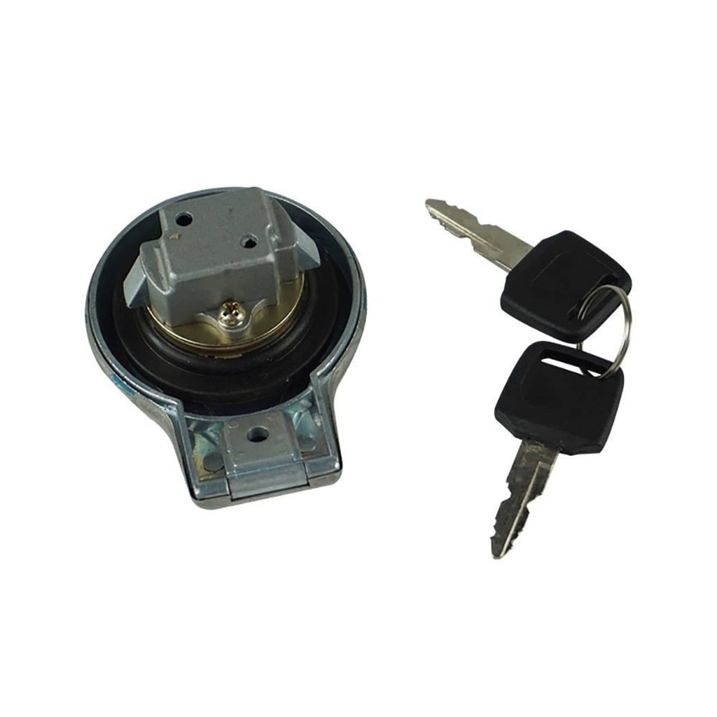 Fuel gas tank cap with lock cylinder and two keys, black cap with silver mount