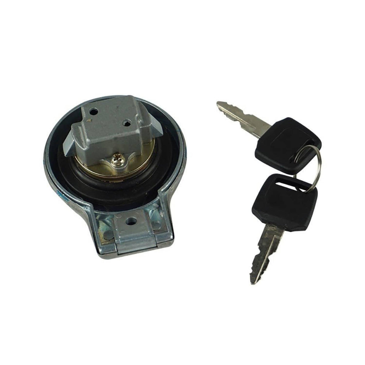 Fuel gas tank cap with lock cylinder and two keys, black cap with silver mount