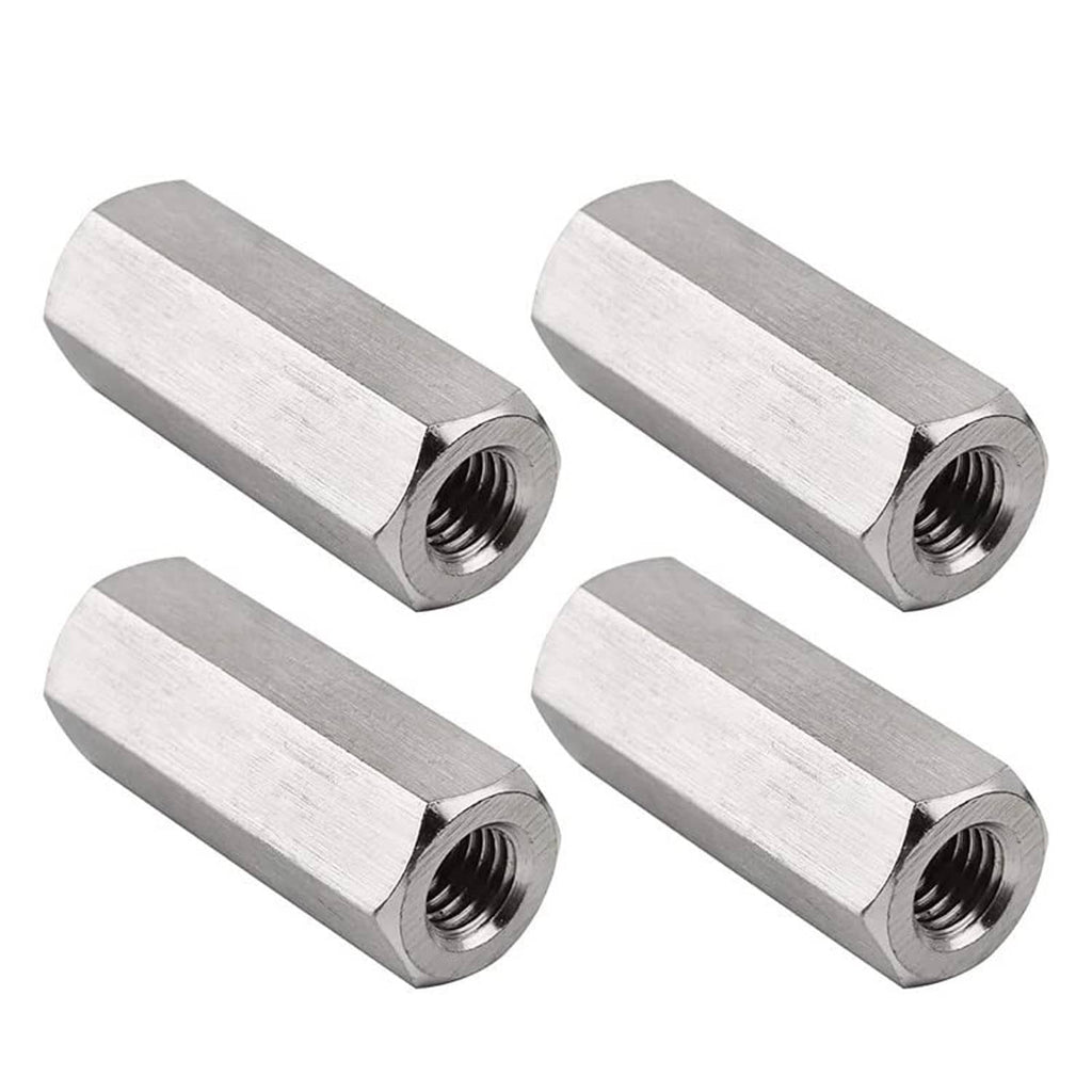 Pack of 4 hex coupling nuts with M10 internal threading, shiny silver metal