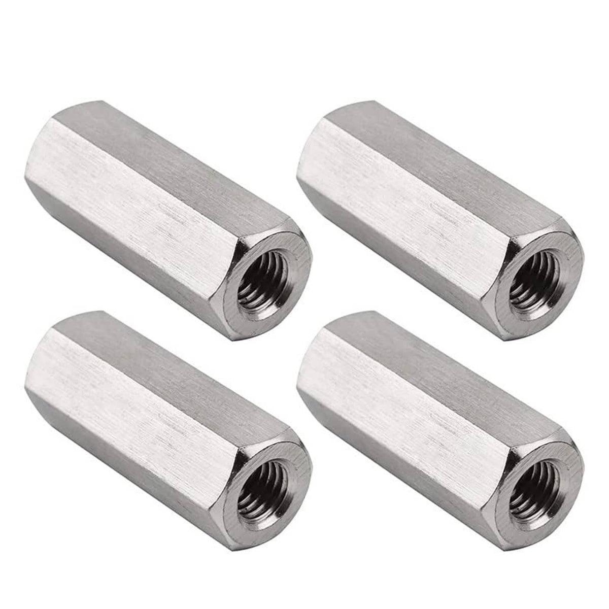 Pack of 4 hex coupling nuts with M10 internal threading, shiny silver metal