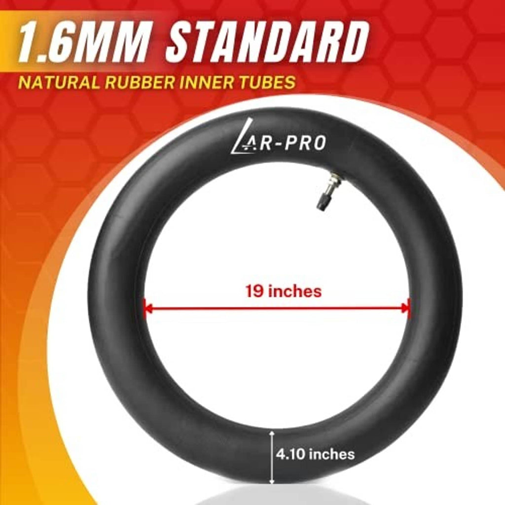 Black natural rubber inner tube with AR-PRO and size markings: 19 in, 4.10 in