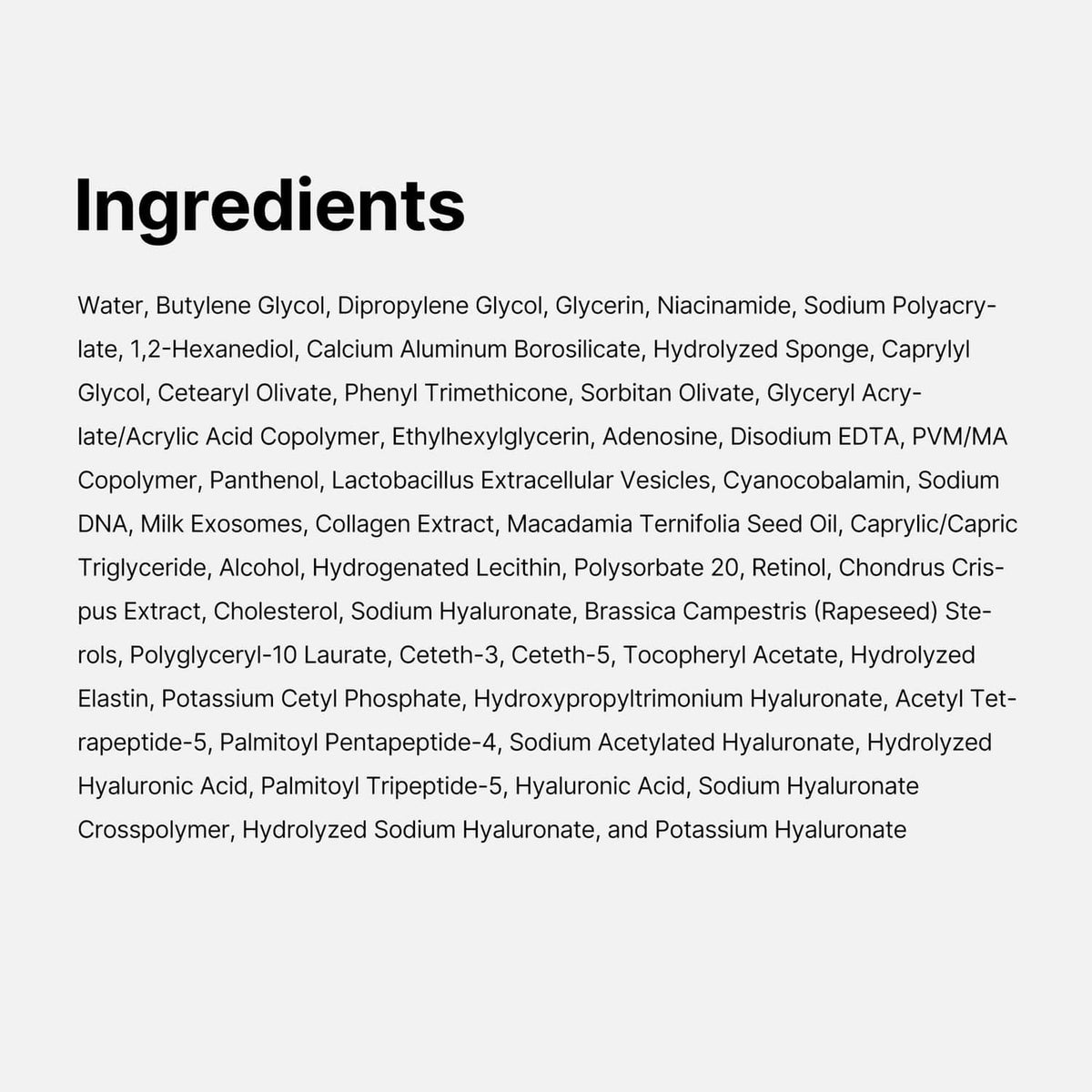 Skincare ingredients list text panel on a white background
