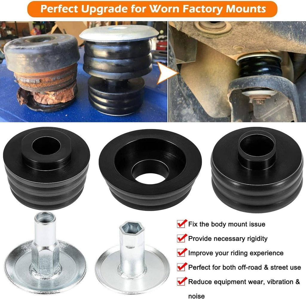 Body cab mount bushing kit with black bushings and silver bolt studs