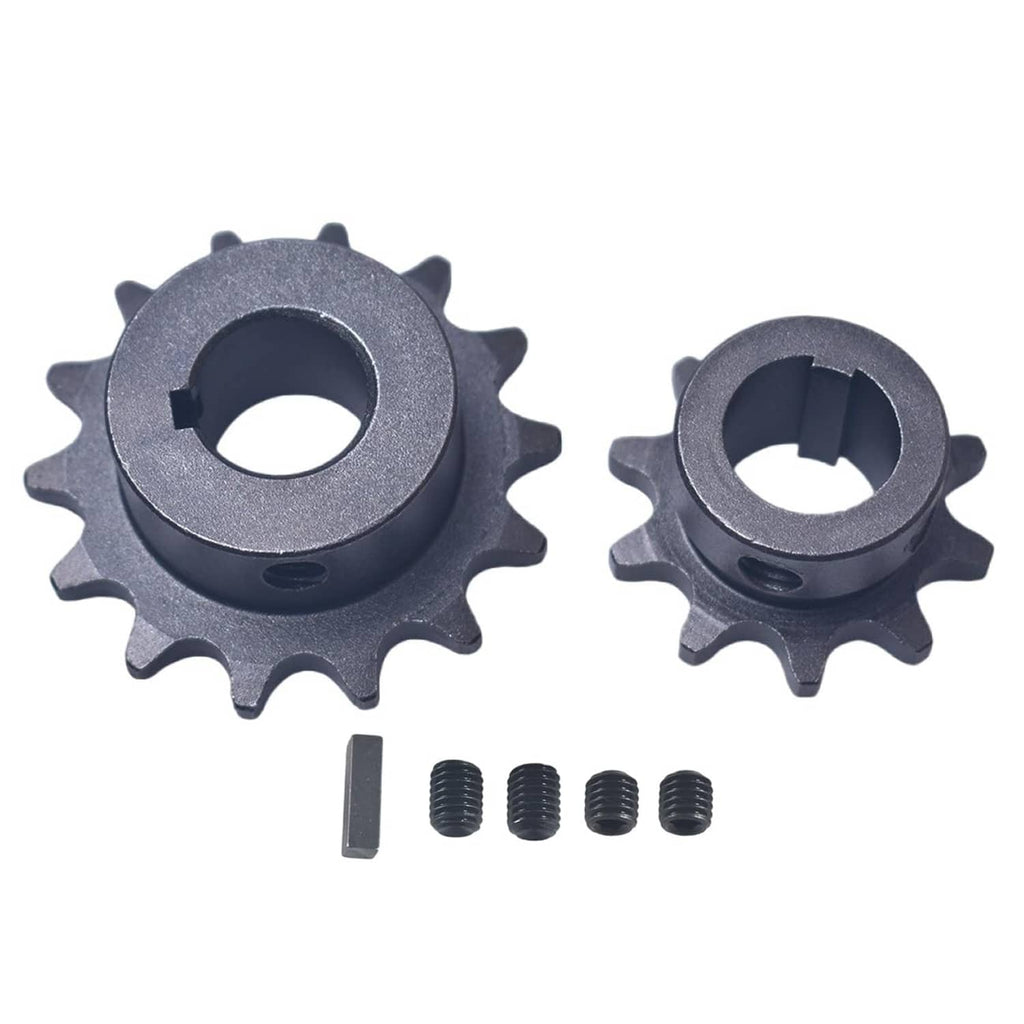 Gray chain sprocket with central bore and 14 teeth, with mounting bolts and pin