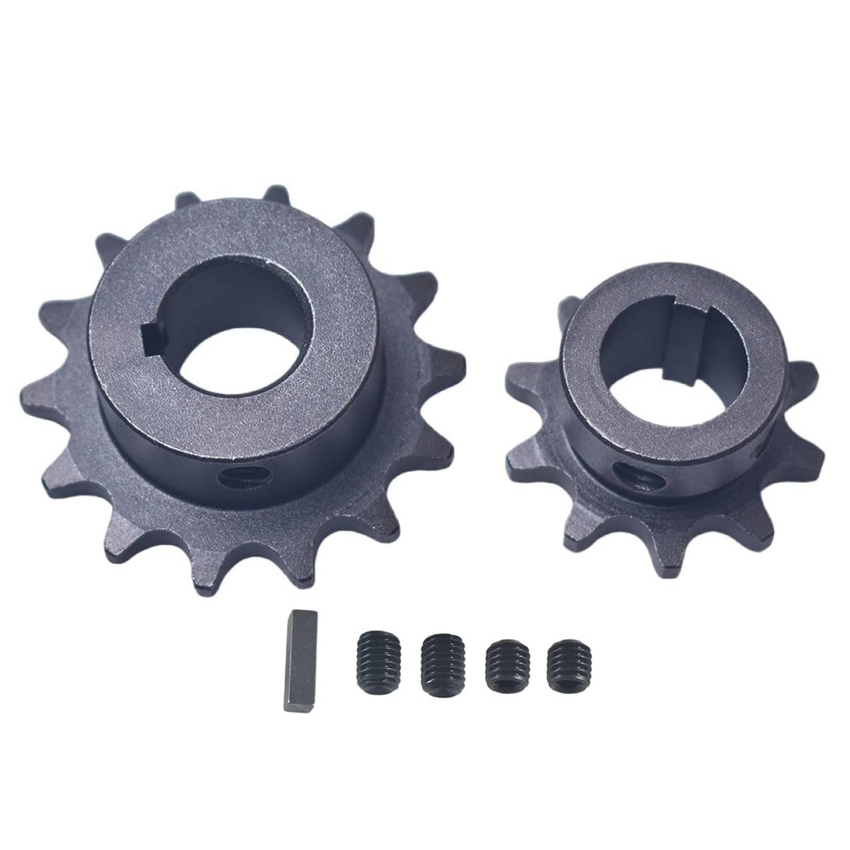 Gray chain sprocket with central bore and 14 teeth, with mounting bolts and pin