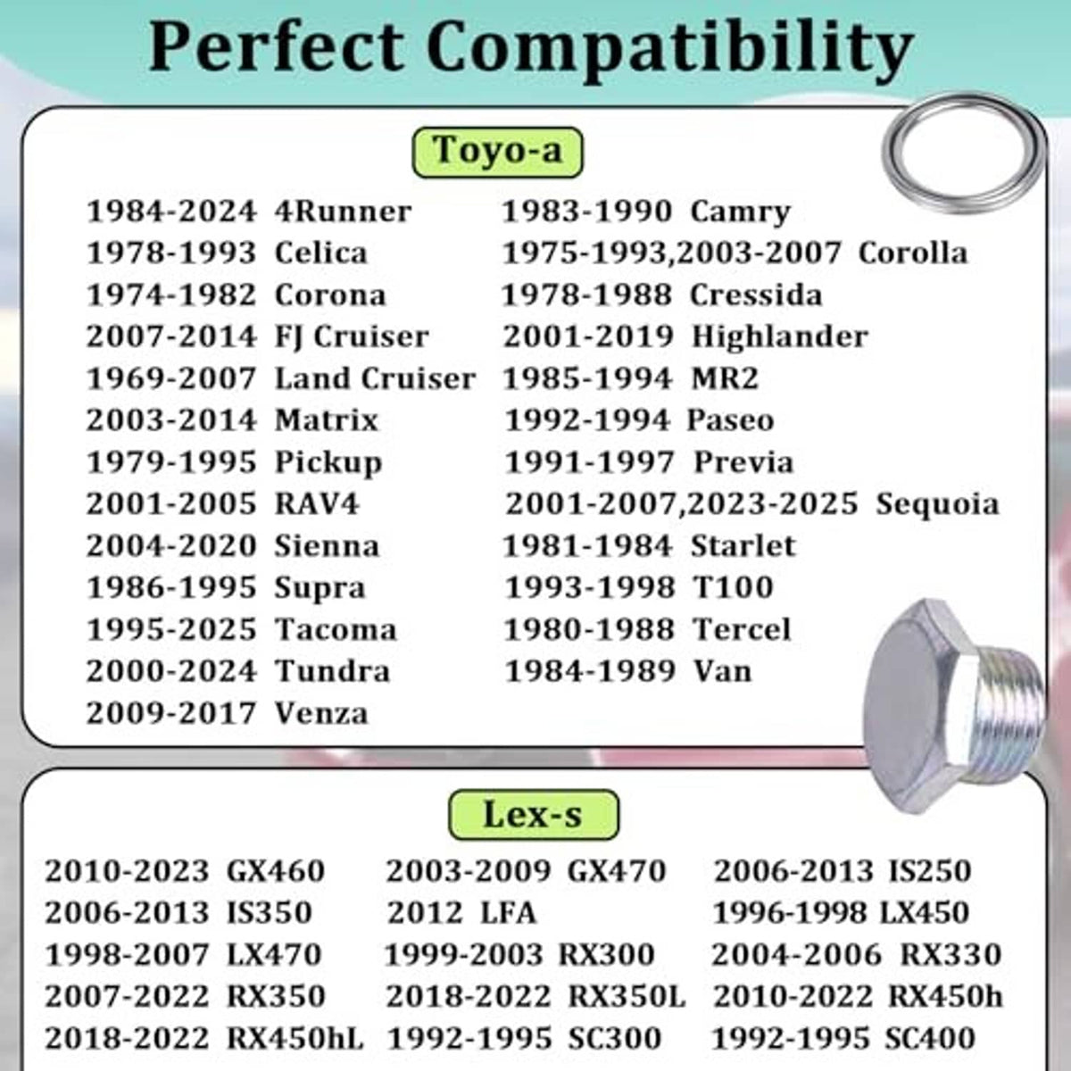 Rear axle drain plug with circular sealing ring shown for vehicle compatibility list
