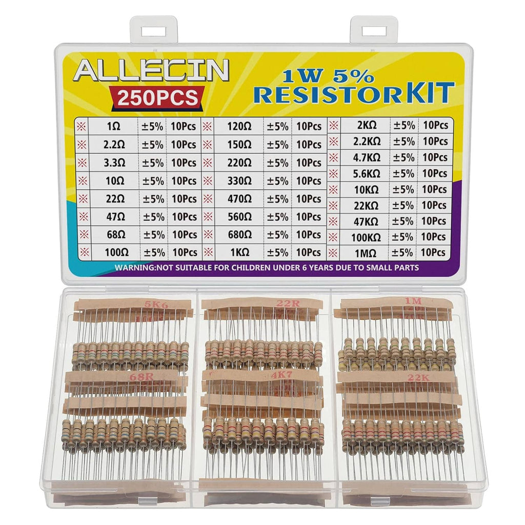 Carbon film resistor assortment in a clear organizer case with banded resistors
