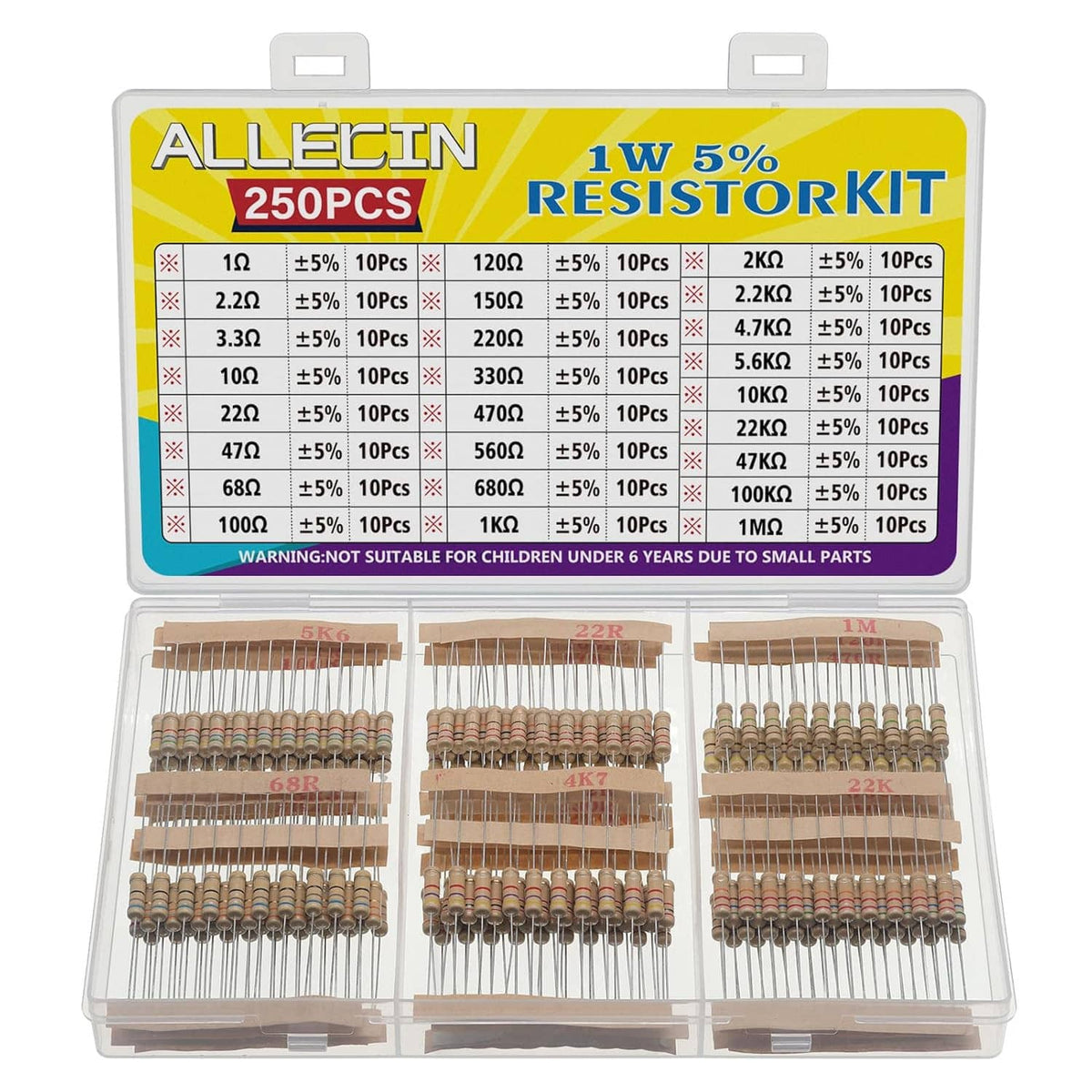 Carbon film resistor assortment in a clear organizer case with banded resistors