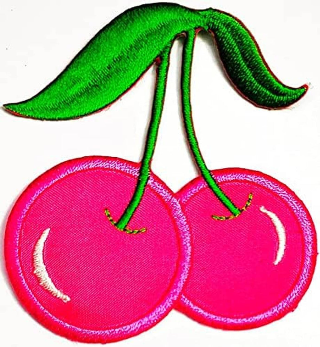 Close-up of a pink cherry pair fabric patch with green stem and leaf details
