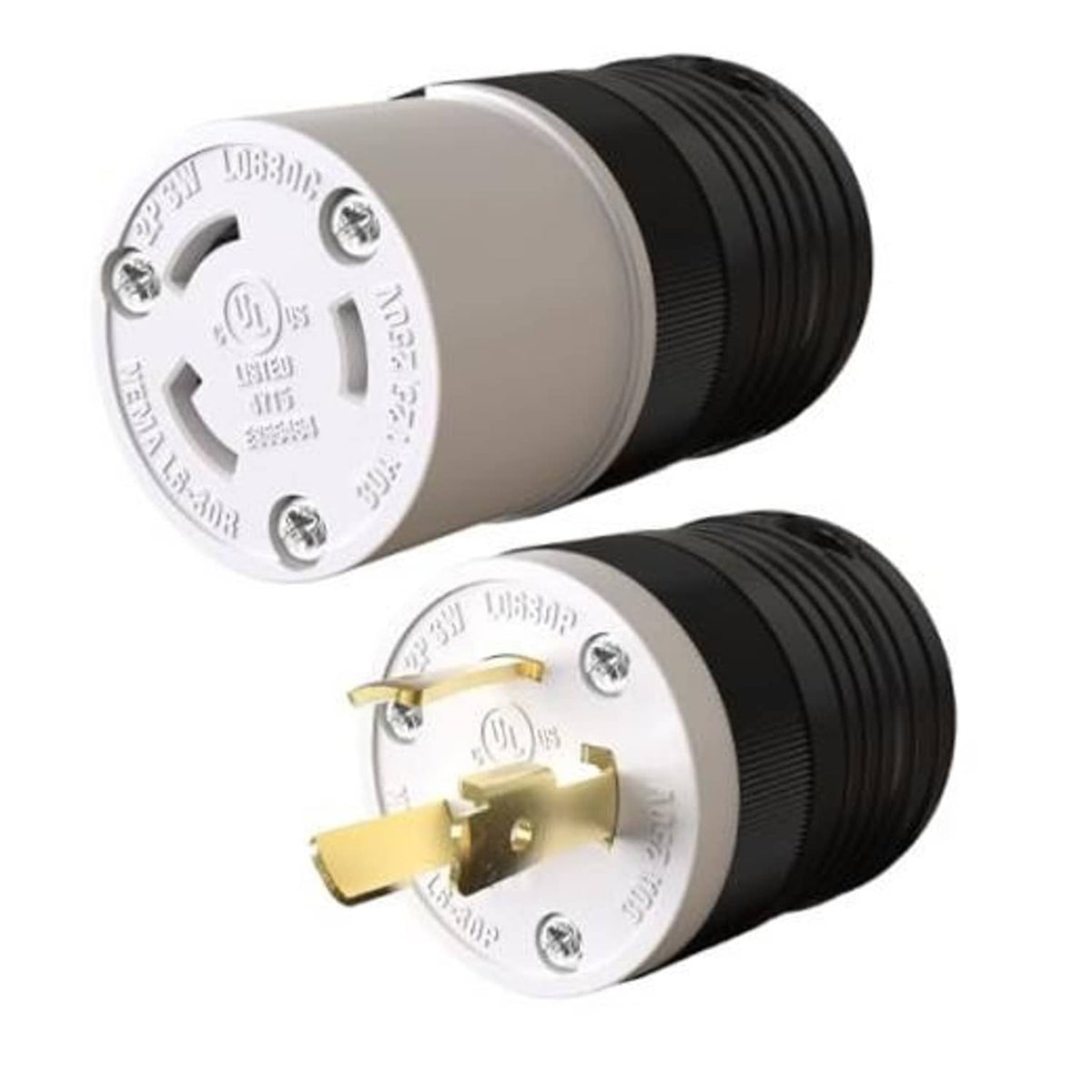 Black NEMA locking male plug with silver face and gold prongs, ribbed housing
