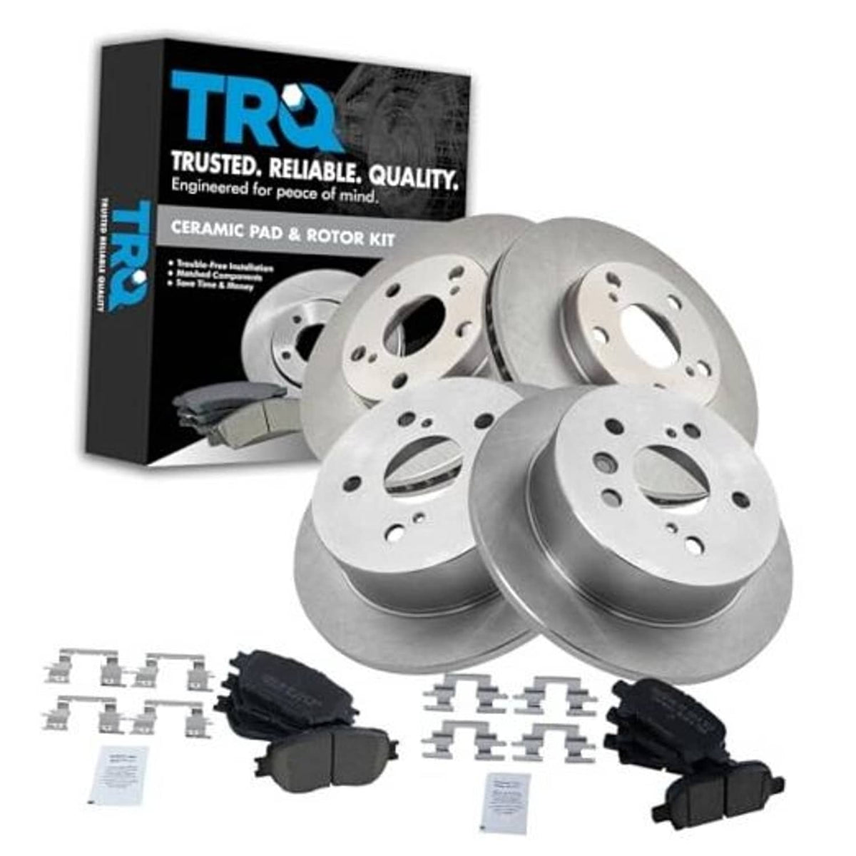 Ceramic brake pad and vented rotor kit with rotors, pads, and mounting hardware