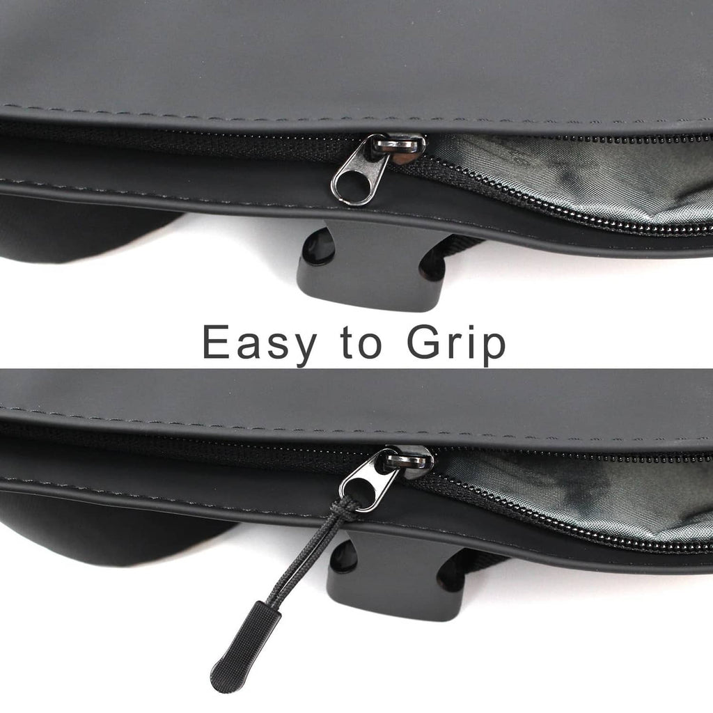 Black zipper pull tab with looped cord on a gray bag zipper