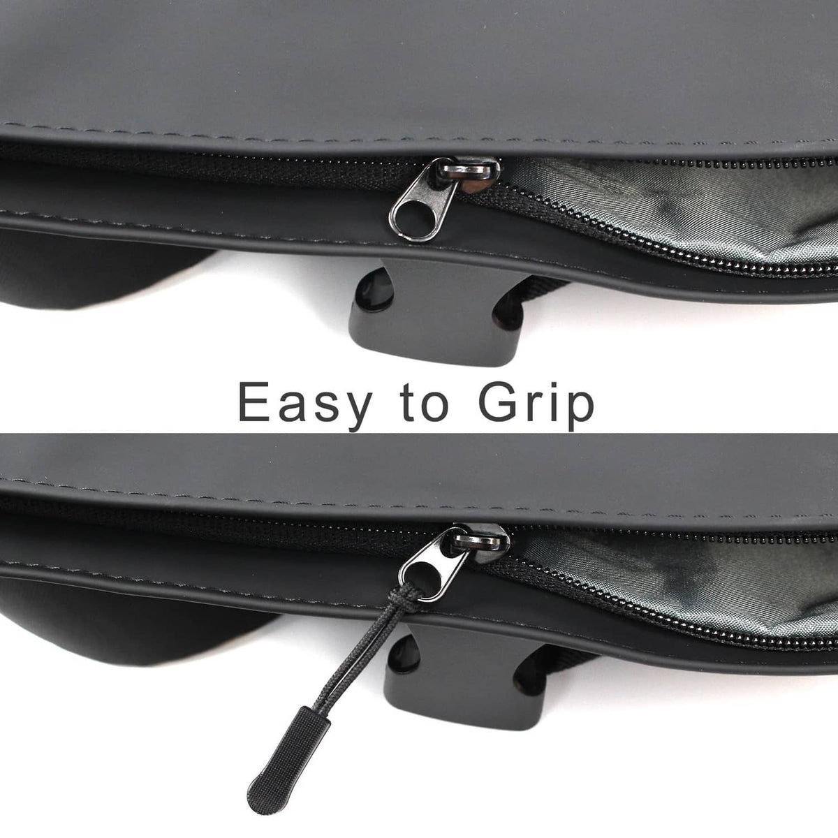 Black zipper pull tab with looped cord on a gray bag zipper