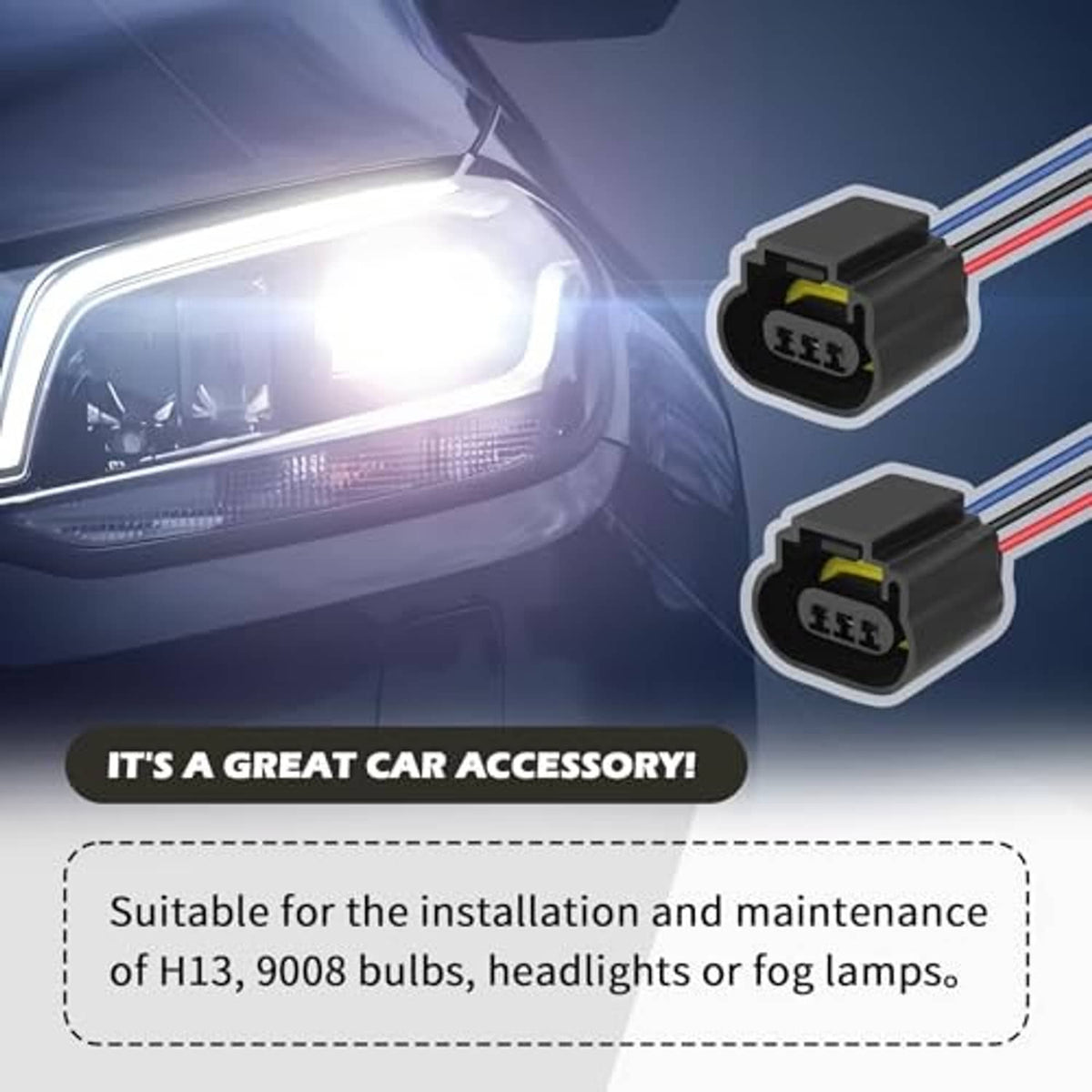 Headlight female socket connectors with black housings and red/blue/black wire leads