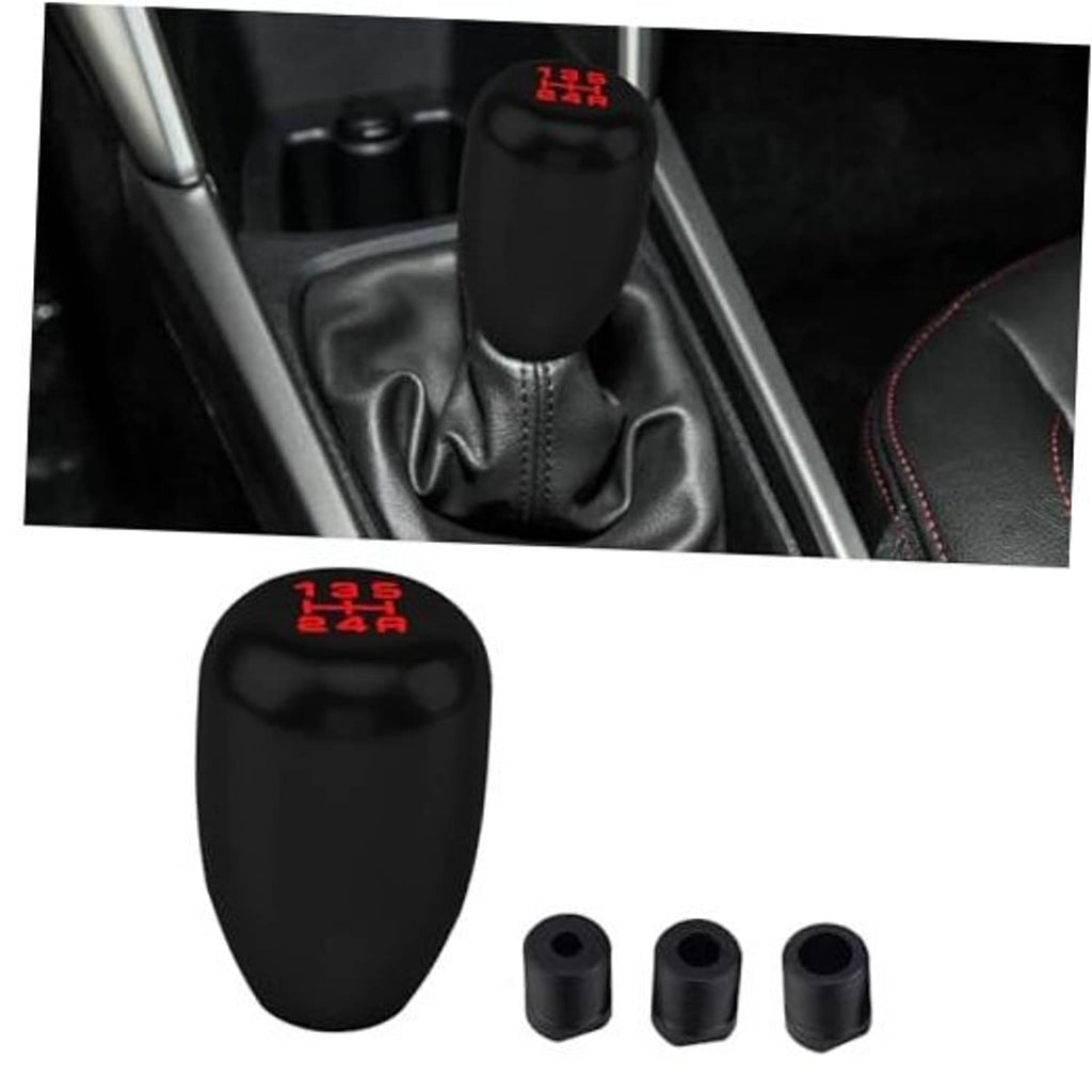 Black manual 5-speed gear shift knob with red shift pattern on top and leather boot