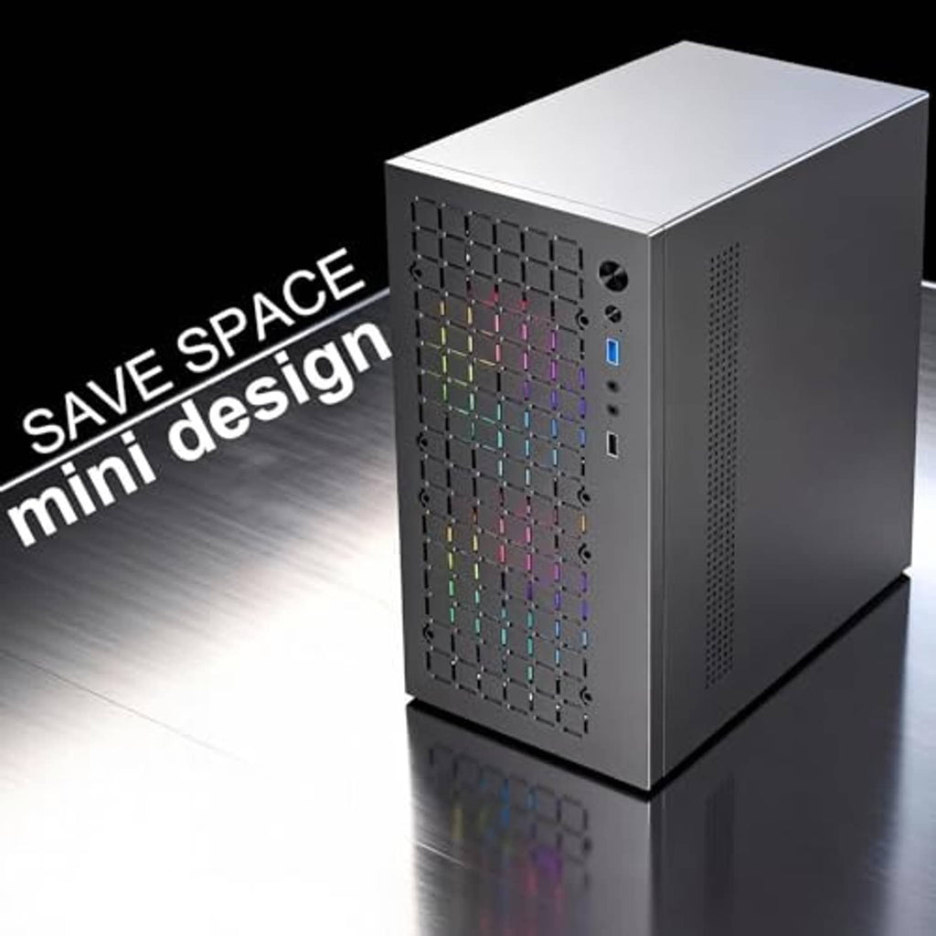 Black mini computer case with perforated front mesh, top cover, and side venting
