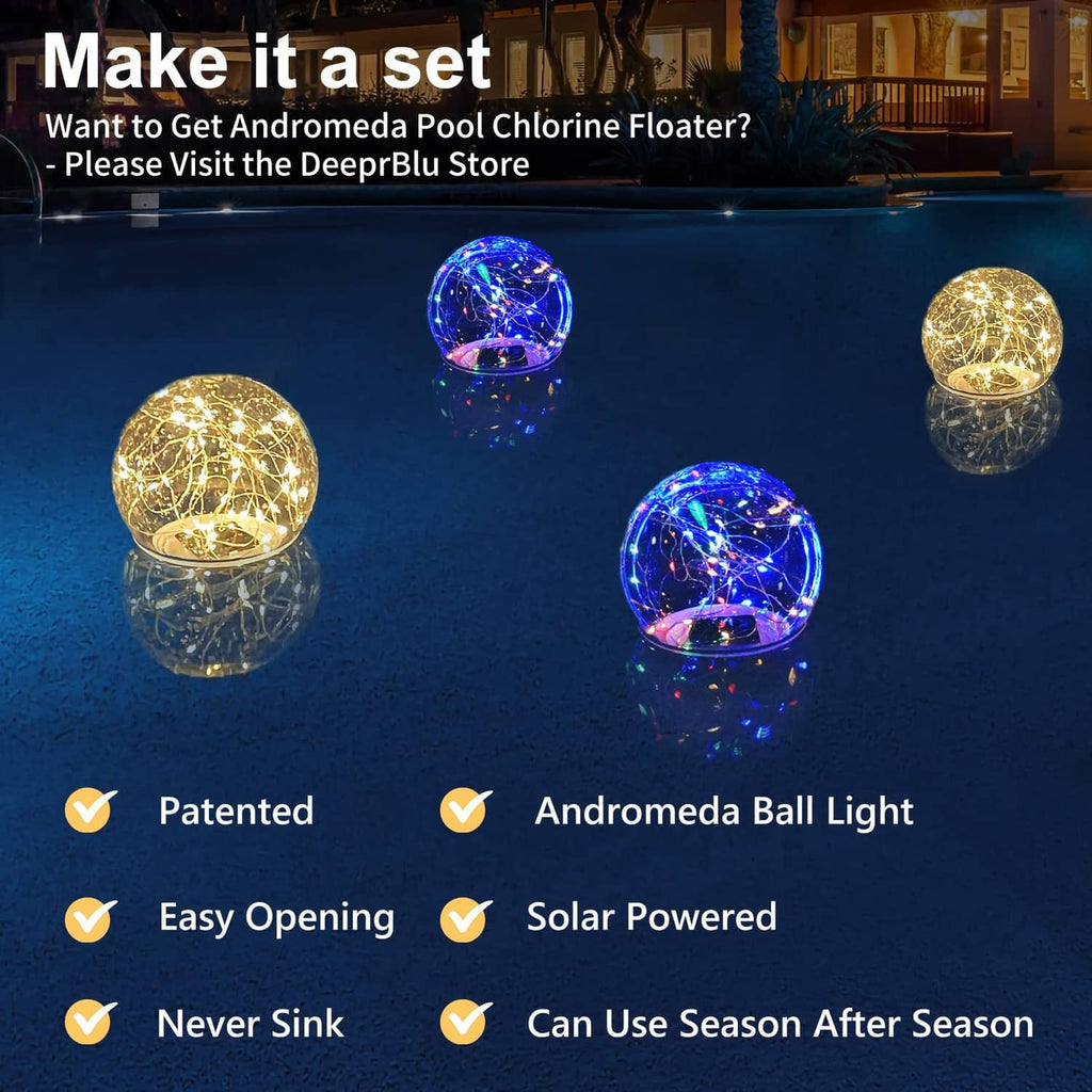 Floating solar ball lights with warm and blue glow around a pool at night
