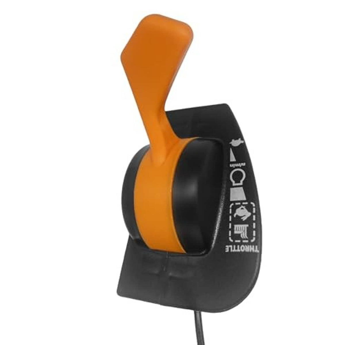 Throttle control cable with orange lever and black trigger-style housing