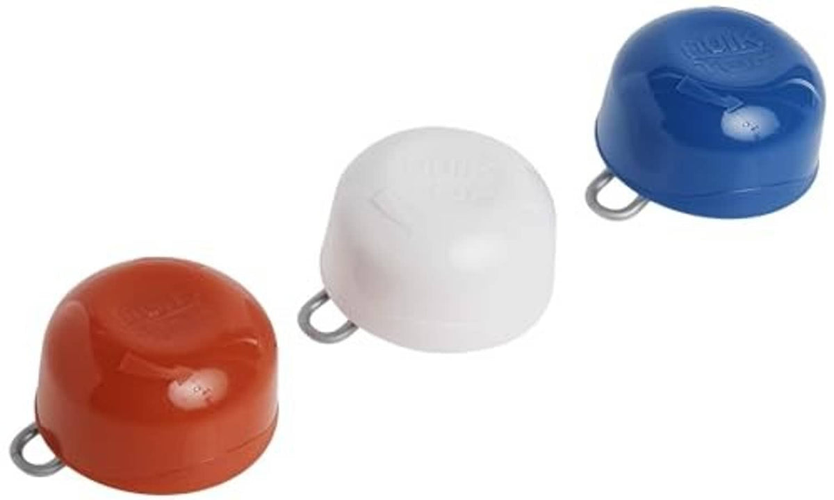 QuikTop can caps in blue, white, and orange with metal loop handles