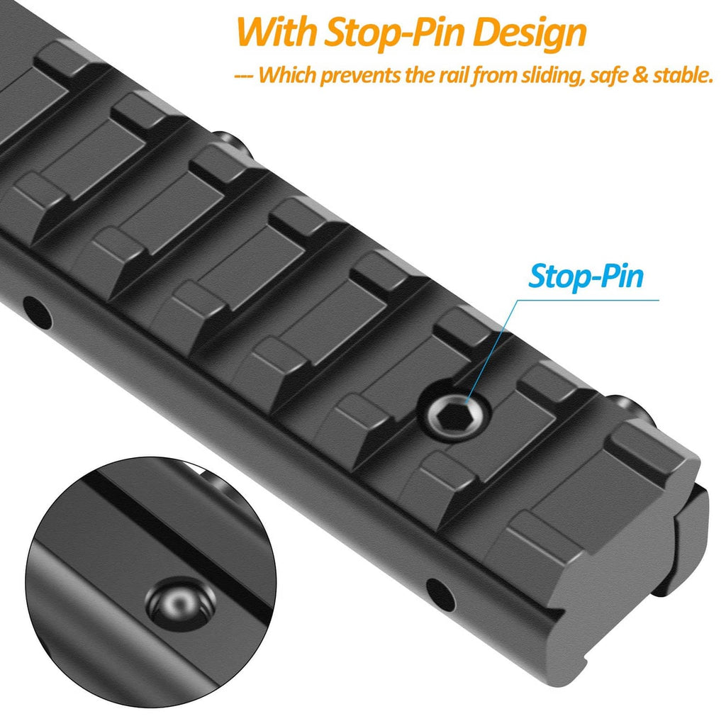 Black dovetail-to-Picatinny rail adapter with stop-pin for secure mounting