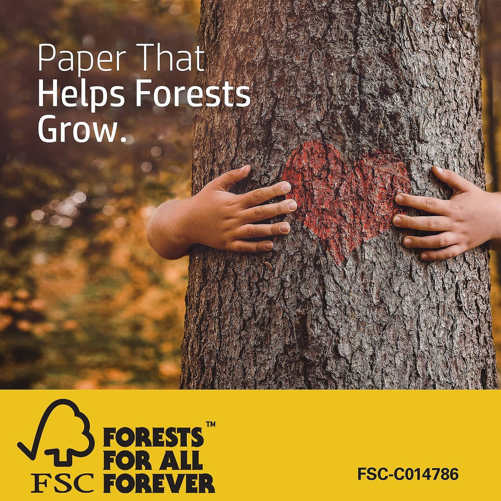 HP paper sustainability graphic with hands holding a tree trunk and FSC badge