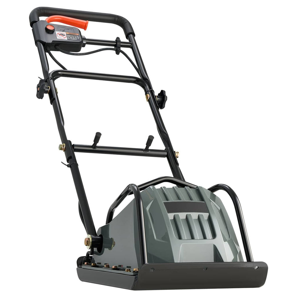Uimoso electric plate compactor, rear view with handle frame and base plate, dark gray