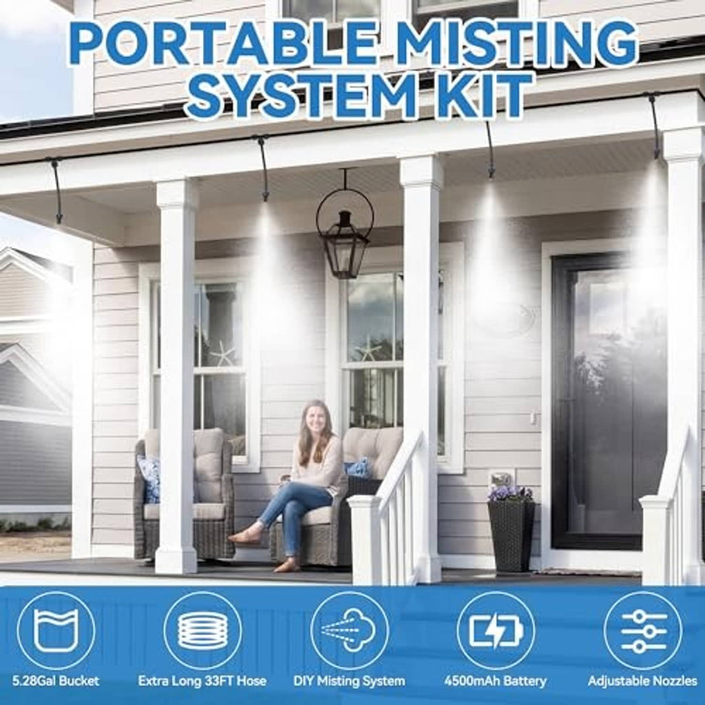 Portable misting system kit with outdoor mist spray from ceiling-mounted nozzles