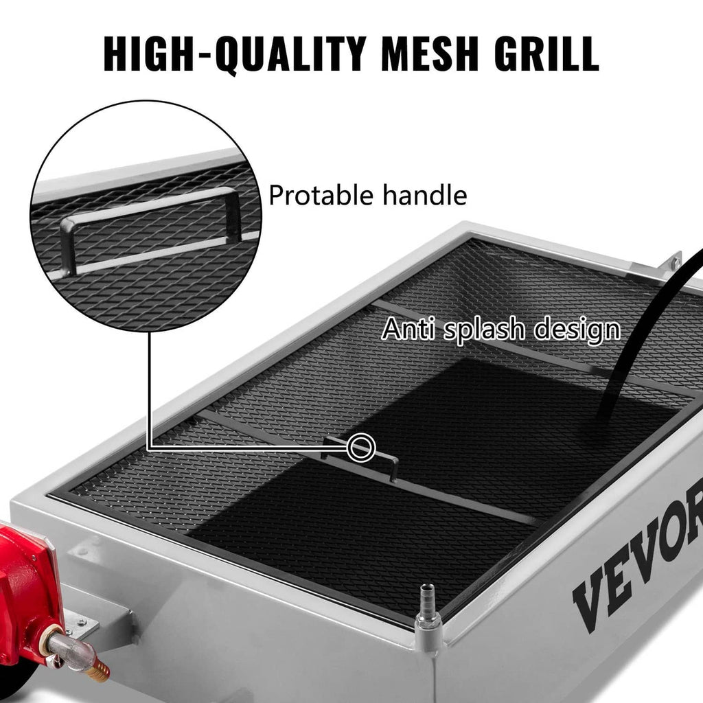 Oil drain pan cart with raised black mesh grate and anti-splash tray design