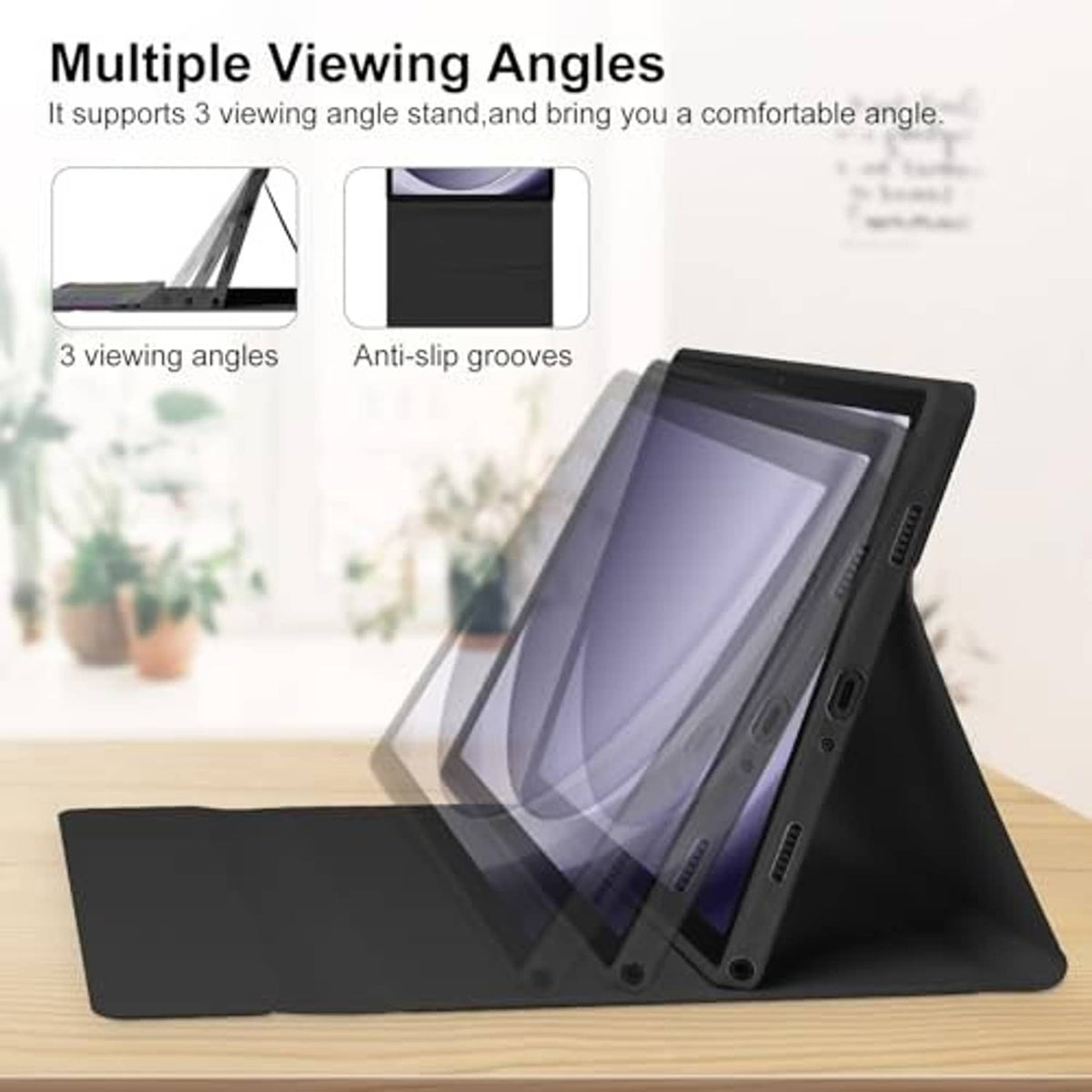 Black tablet stand keyboard case showing multi-angle support and backlit screen