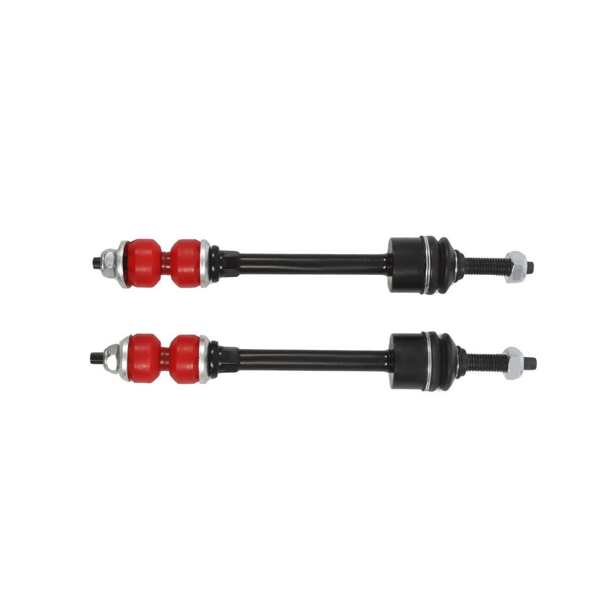 Front sway bar link kit pair with black rods, red bushings, and end bolts