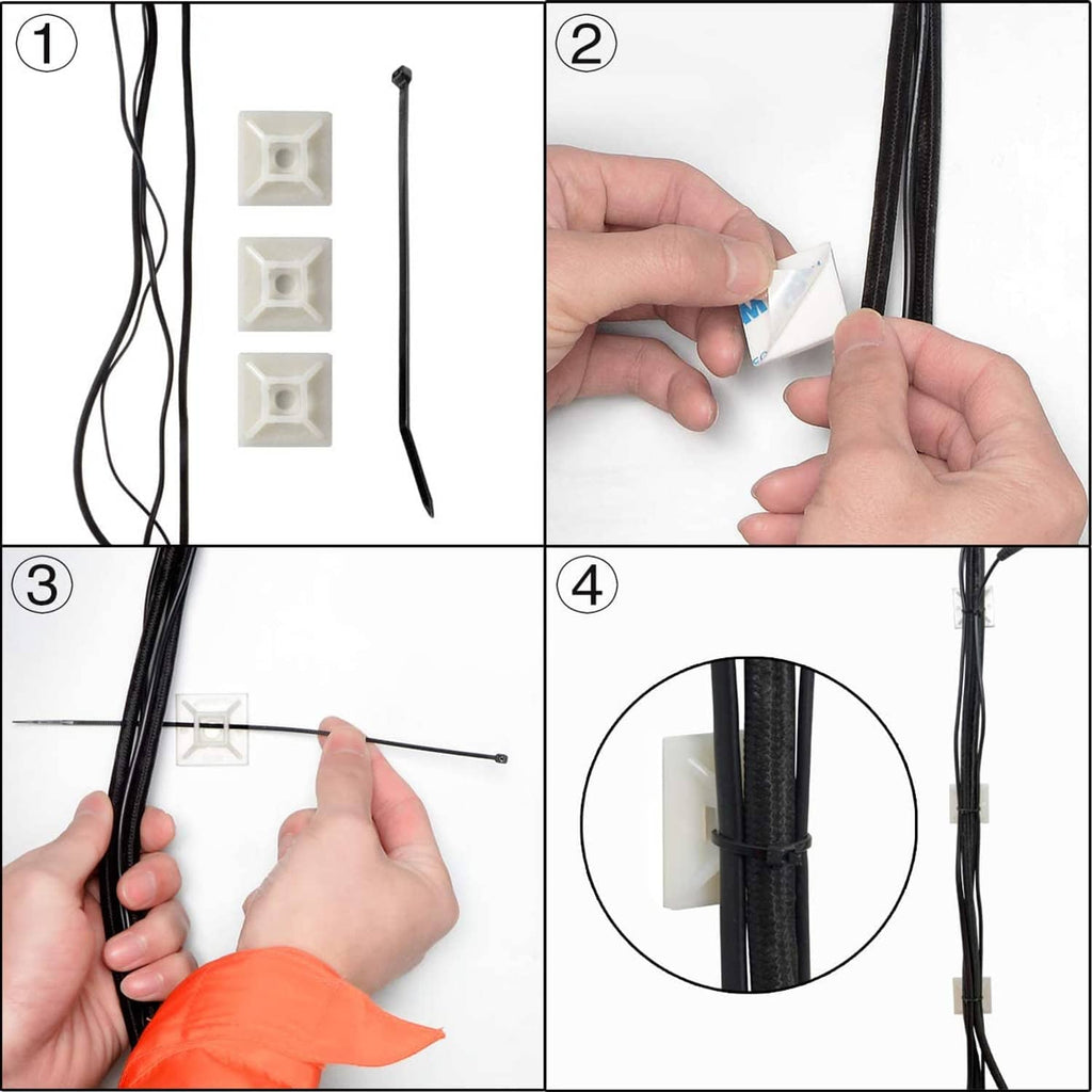 Installation steps for self-adhesive cable zip tie mount clips: peel and press